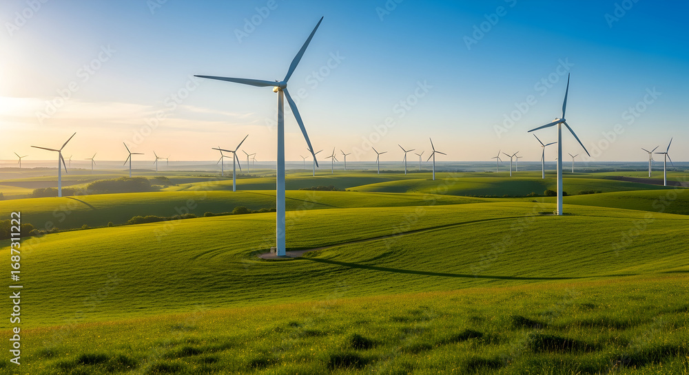 Fototapeta premium Scenic landscape of wind turbines on green hills generating sustainable energy at sunrise