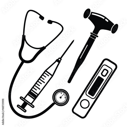 Medical instruments stethoscope syringe thermometer reflex hammer