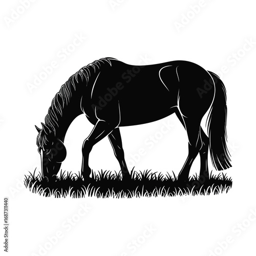 Grazing Horse Silhouette Illustration with Detailed Mane and Tail on White Backdrop