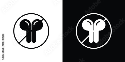 No earbuds allowed signs set. Black and white silhouette collection