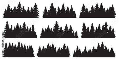 Diverse silhouettes of evergreen forest trees ideal for landscape designs and natural scenes white background