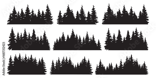 Collection of silhouetted evergreen pine trees and forests for natural scenery and design white background