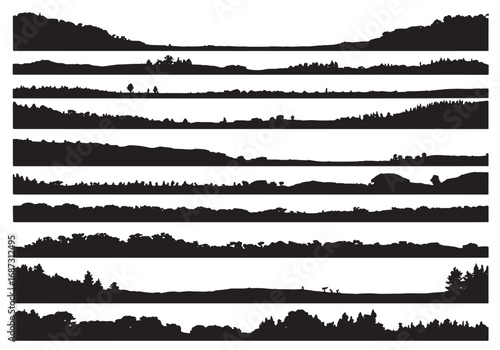 Collection of diverse silhouetted natural landscapes varying in tree types and terrain features white background