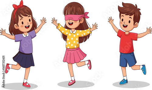 Three cheerful children playing blindfold game outdoors, laughing and chasing, colorful clothing, joyful friendship activity in fun cartoon vector illustration