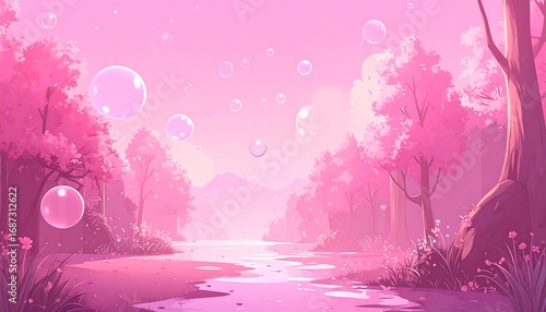 Pastel pink forest scene with bubbles