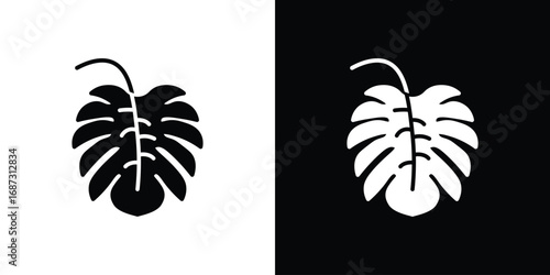 Monstera deliciosa plant leaf icons set. Black and white silhouette collection
