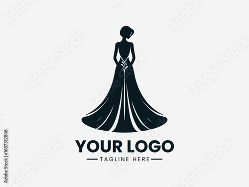 Elegant woman in flowing gown vector logo design with floral decoration
