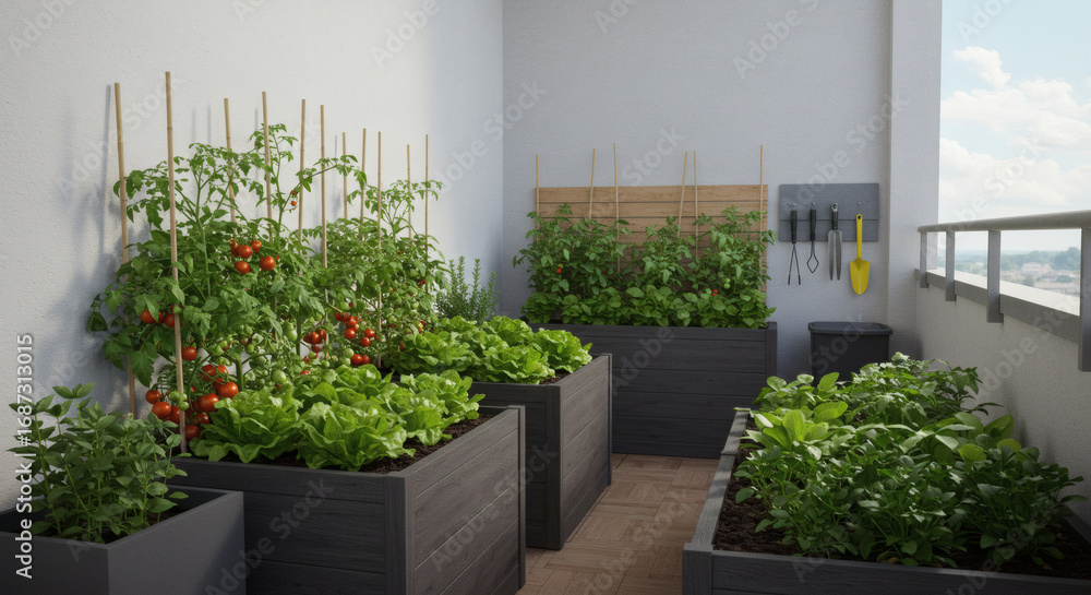 Naklejka premium A productive balcony garden: organized raised beds growing tomatoes, lettuce, and herbs, with a small composting bin and gardening tools neatly hung on a wall-mounted rack