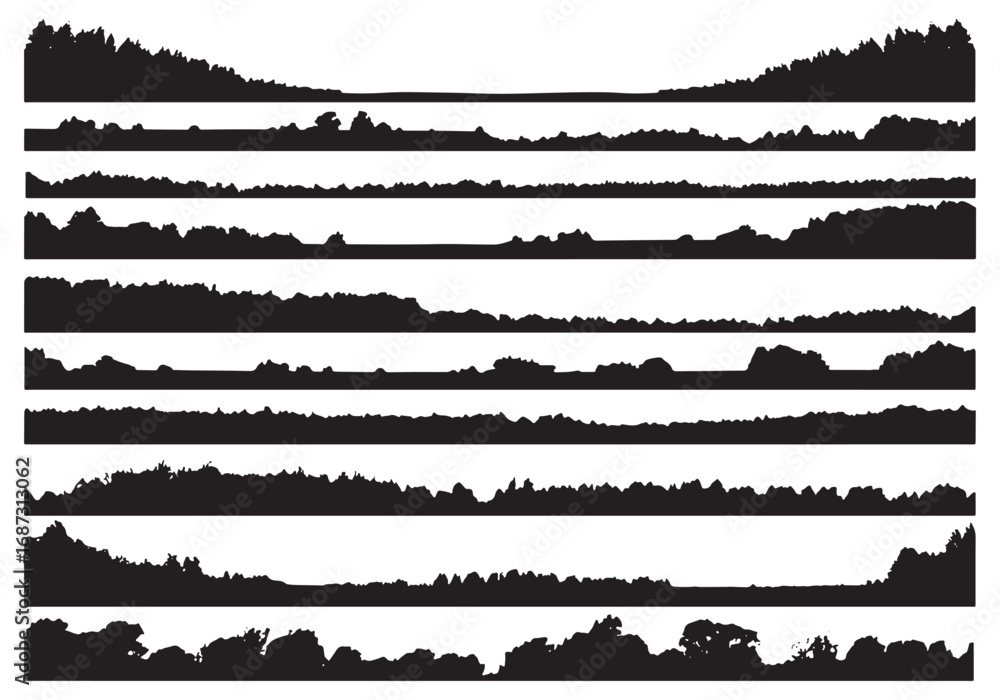 Obraz premium Collection of diverse natural silhouettes representing forest tree line and rural landscape borders white background