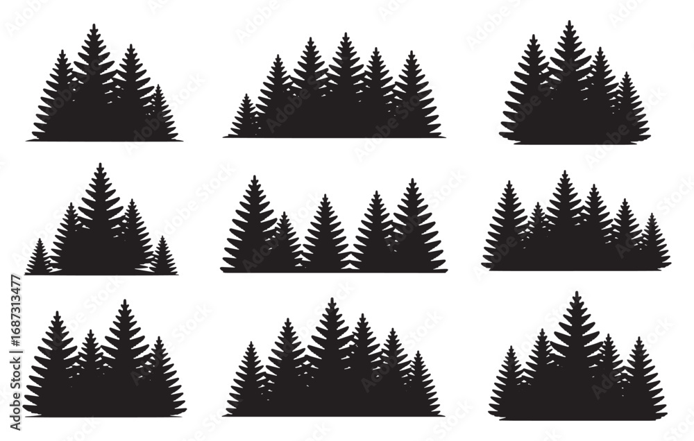 Fototapeta premium Collection of silhouette pine tree forests for nature landscape design elements white background