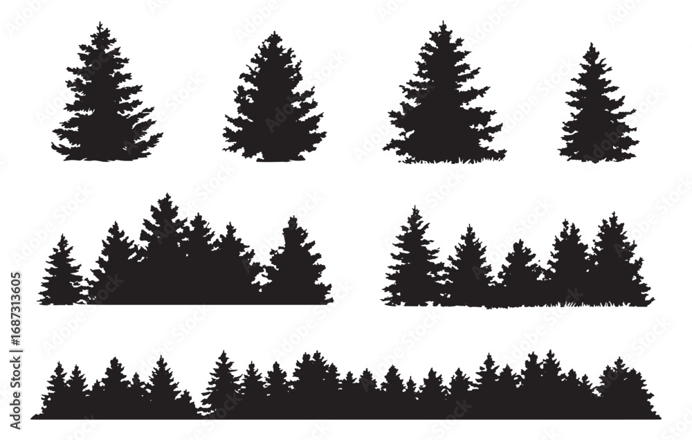 Fototapeta premium Collection of diverse evergreen tree silhouettes for forest scenery and nature design elements white background