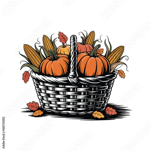 Harvest Basket Silhouette Illustration with Pumpkins and Corn Vector Graphic Design