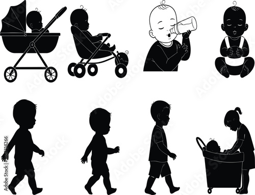 Baby development icons, toddler silhouette, stroller pose, bottle feeding, walking child, caregiving scene, parenting vector, infant growth, early childhood