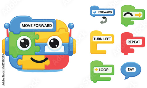 Colorful Cartoon Robot Made of Puzzle Pieces with Coding Instruction Blocks