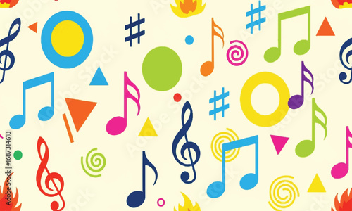 Colorful musical notes, geometric shapes, and design elements on light background, decorative pattern