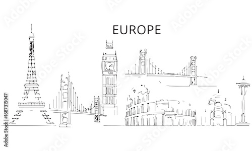Sketched Global Landmarks Collection with Europe Text Label