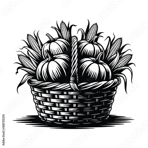 Corn and Pumpkins in Basket Silhouette Illustration Autumn Harvest Bounty Fall Produce