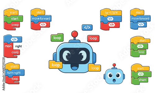 Friendly Cartoon Robot with Colorful Programming Blocks for Educational Coding
