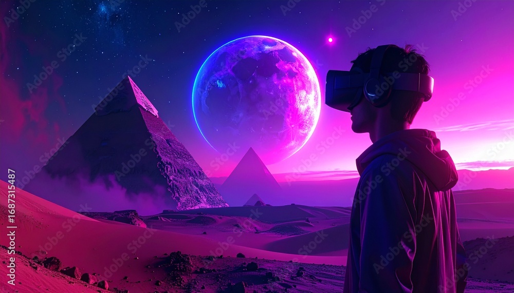 Fototapeta premium Futuristic desert landscape with VR headset user exploring surreal pink and purple planets, sci-fi space adventure with pyramids, night sky exploration theme.