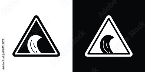 High sea waves warning signs set. Black and white silhouette collection