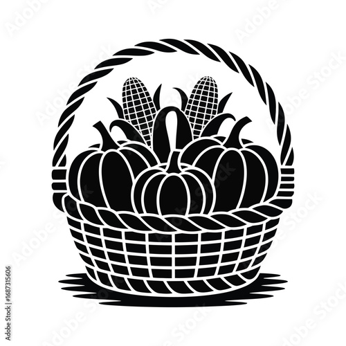Corn and Pumpkins in Basket Silhouette Illustration Autumn Harvest Bounty Fall Produce
