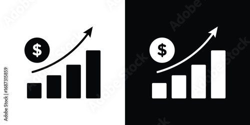 Growing profit icons set. Black and white silhouette collection