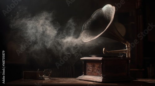 antique gramophone smoky dark room
