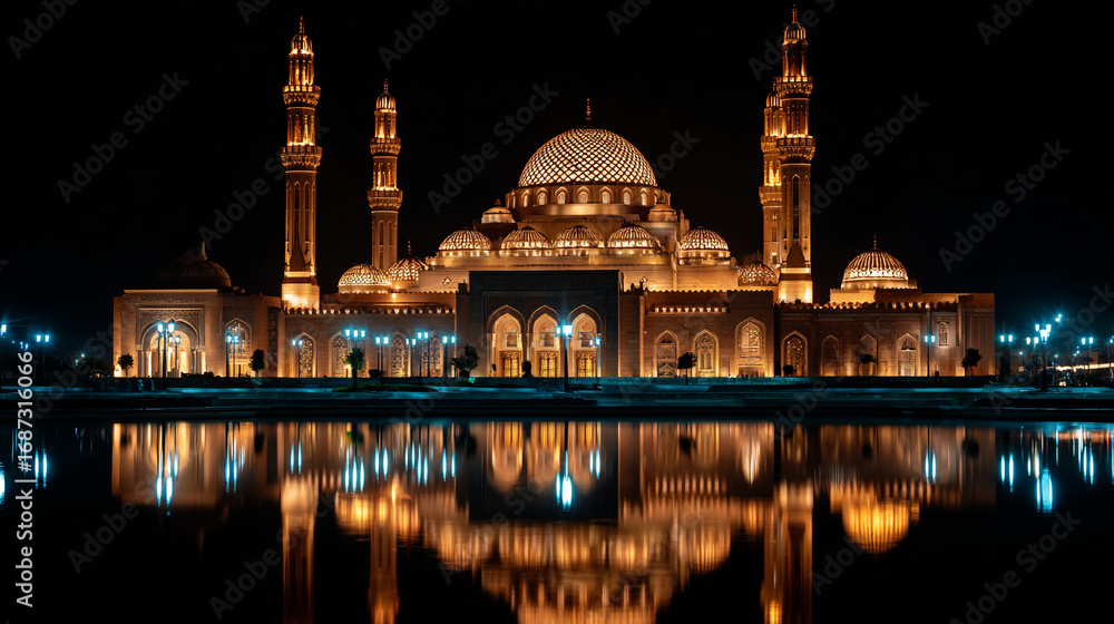 Obraz premium Illuminated mosque with minarets and domes reflecting in the dark water at night
