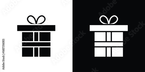 Gift box with ribbon icons set. Black and white silhouette collection
