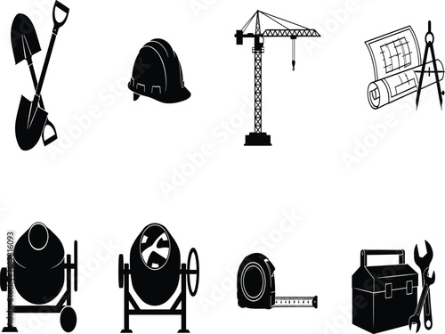 Construction icons, hard hat, tower crane, cement mixer, blueprint compass, toolbox, measuring tape, shovel, engineering tools, building equipment, safety gear