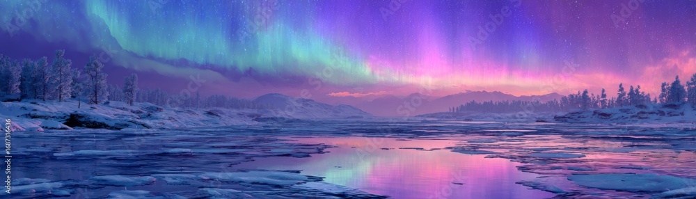 Fototapeta premium Stunning arctic tundra under a vivid aurora borealis display lighting up the night sky with brilliant colors and ice textures creating a magical winter wonderland atmosphere