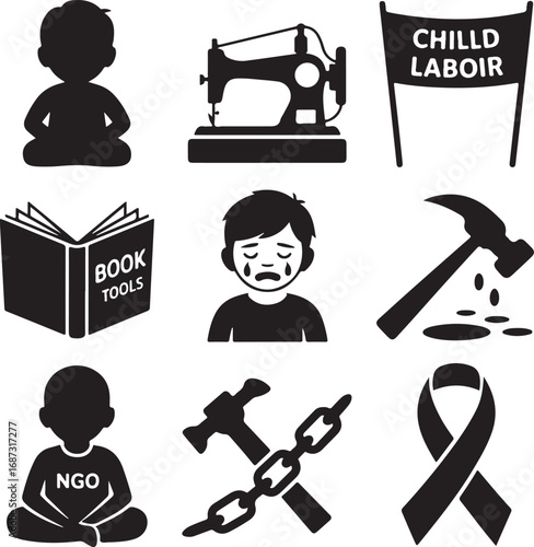 Child Labor Icons Showing Sad Child Sewing Machine Banner Hammer and Ribbon illustration