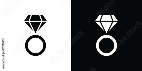 Diamond ring icons set. Black and white silhouette collection