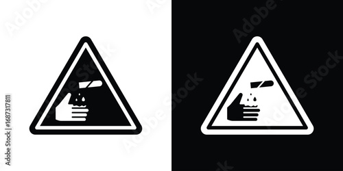 Corrosive acid safety signs set. Black and white silhouette collection