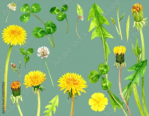 Watercolor Dandelion & Clover Illustration