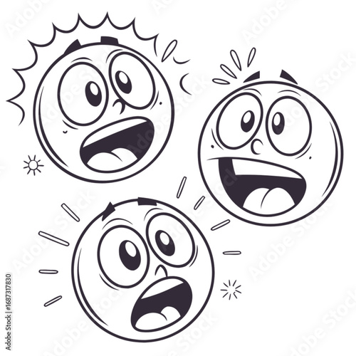 Three Cartoon Faces Expressing Surprise and Excitement