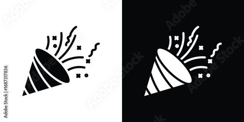 Confetti party popper icons set. Black and white silhouette collection