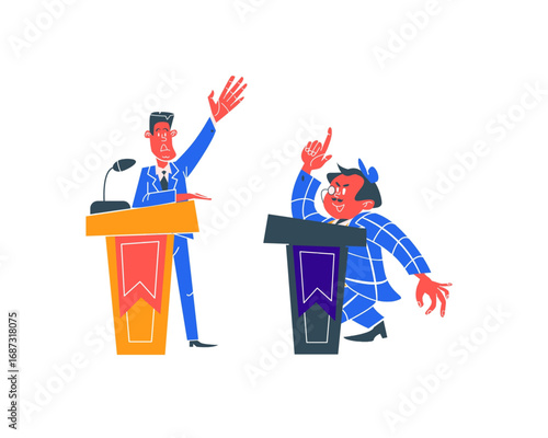 Two politicians giving speeches from podiums during a debate or election campaign event