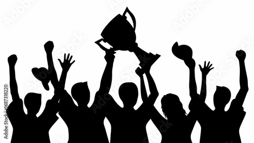 Silhouette of a team celebrating victory by raising a trophy and their hands in the air with excitement