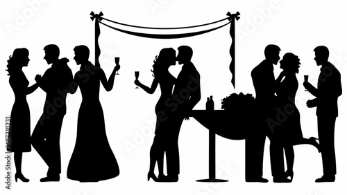 Silhouette of people celebrating under a decorated archway with drinks and a table arrangement visible