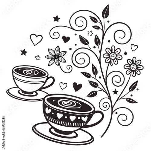 Stylized black and white line art of two coffee cups adorned with hearts, flowers, and elegant swirls.