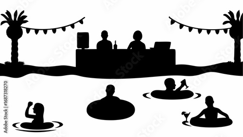 Silhouette of people in a pool with a bar and palm trees decorated with string lights in black and white