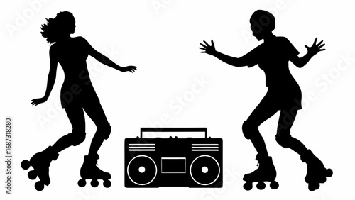 Silhouette of two women roller skating with a boombox in the middle on a white background in a retro style
