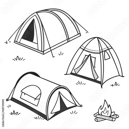 Three Cartoon Camping Tents with Simple Design and Fire