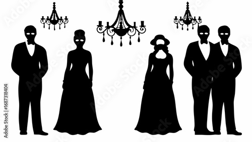 Silhouettes of people in formal wear under chandeliers creating a vintage and mysterious atmosphere feeling