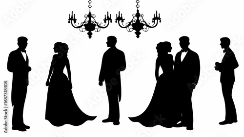 Silhouettes of formally dressed people under ornate chandeliers at a wedding reception or formal event