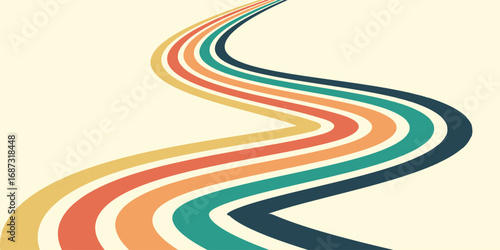 Abstract colorful 70s background vector. Vintage retro wallpaper with rainbow stripes and wavy lines. A 1970 color illustration suitable for posters, banners, decorative items and wall art.