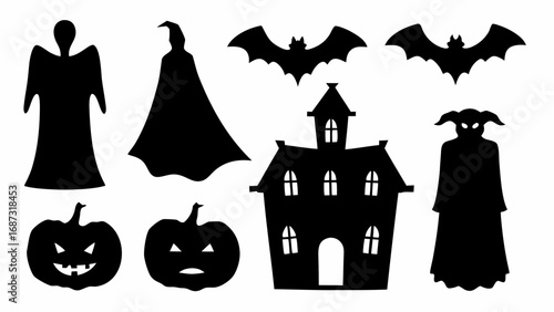 Silhouette halloween scene featuring ghosts bats pumpkins and a haunted house in black and white style