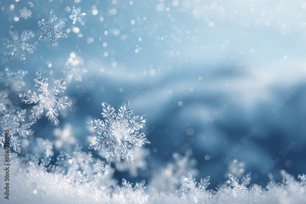 Naklejka premium Intricate snowflakes falling on fresh snow winter wonderland scene