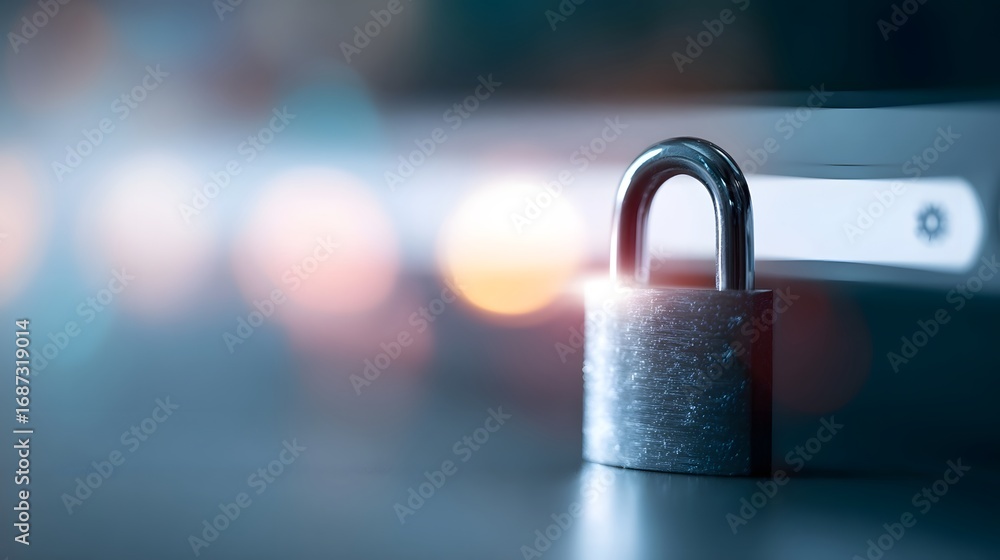 Fototapeta premium A metallic padlock signifies online security and digital protection in a blurred background with glowing lights